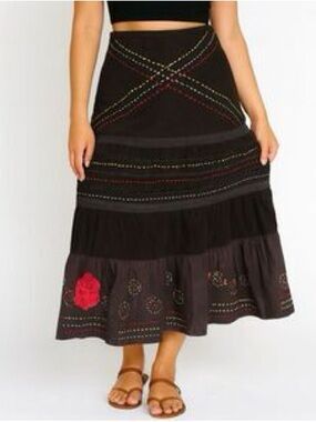 RAGA Black Midi Skirt with Red Floral Embroidery and Multicolor Stitching